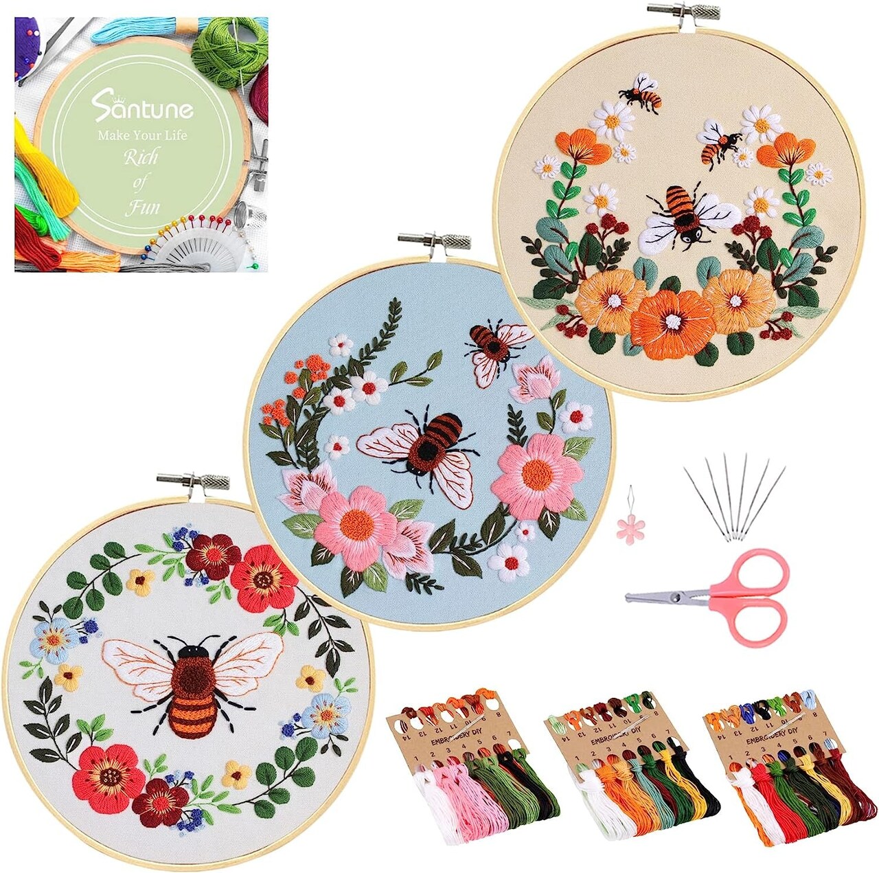 3 Sets Embroidery Starter Kit with Pattern and Instructions, Cross Stitch  Set, Stamped Kits Clothes Pattern, 1 Hoops